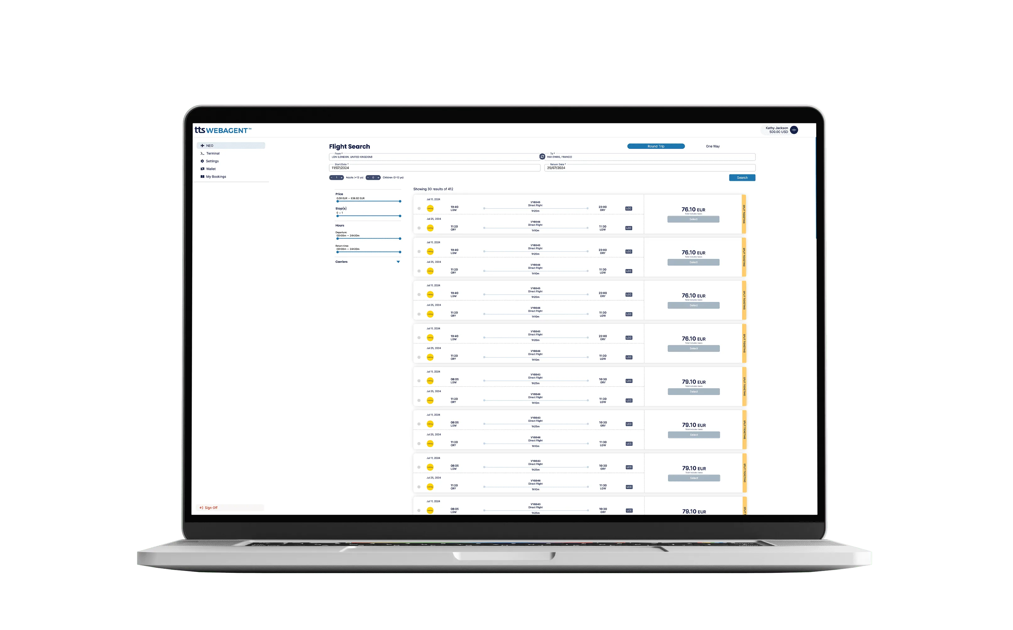 TTS WebAgent flight search results on a laptop