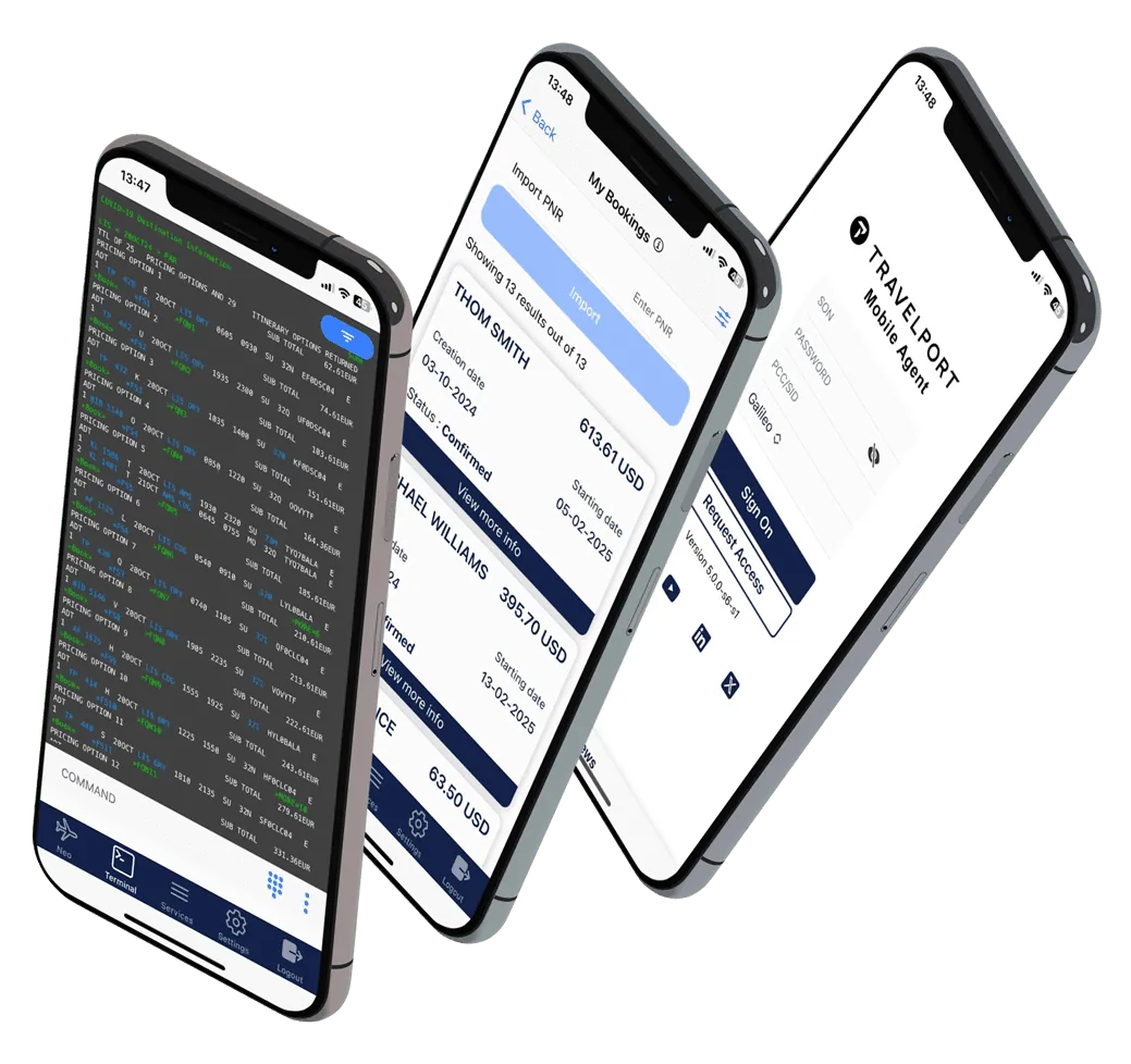 Travelport Mobile Agent on three phones, showing the cryptic terminal and a ticket