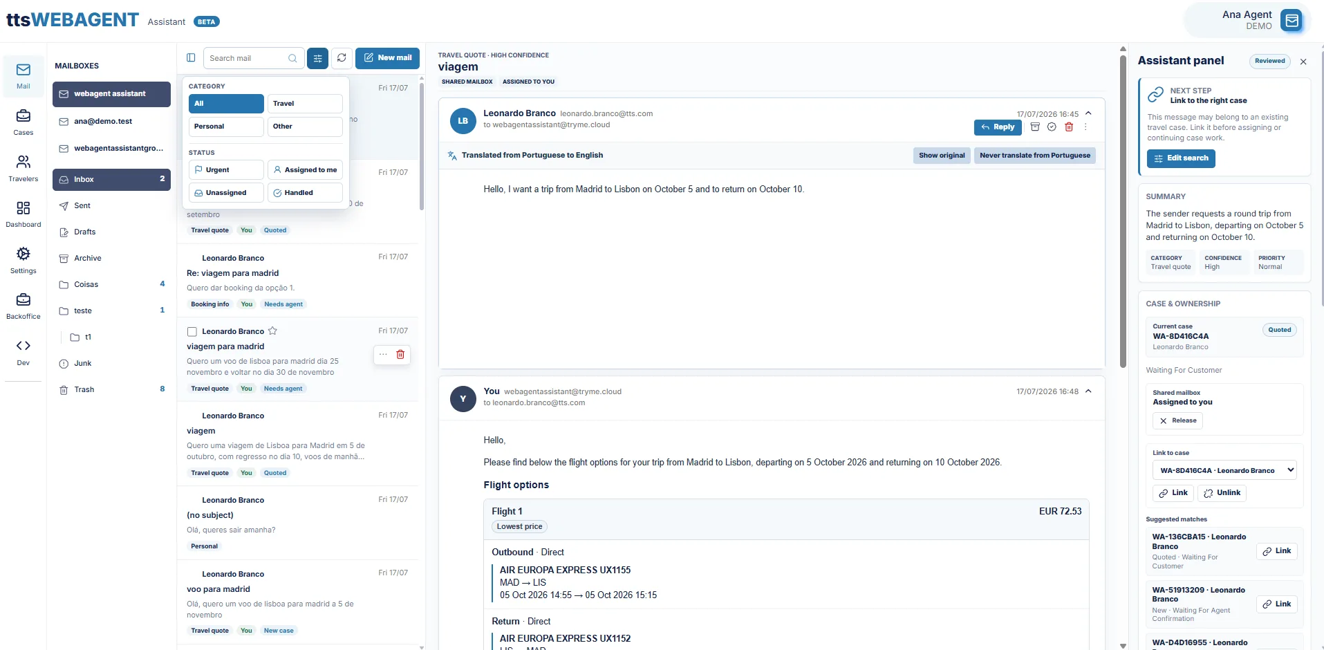 The AI Assistant inside TTS WebAgent: mailbox, message and the assistant panel with the case summary