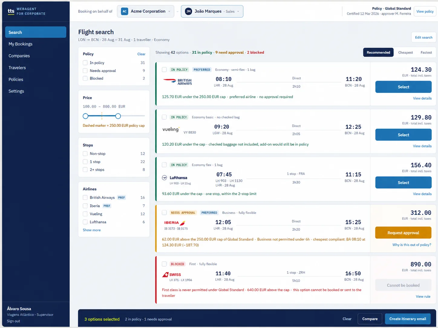 WebAgent for Corporate flight search, with results marked in policy, needs approval and blocked