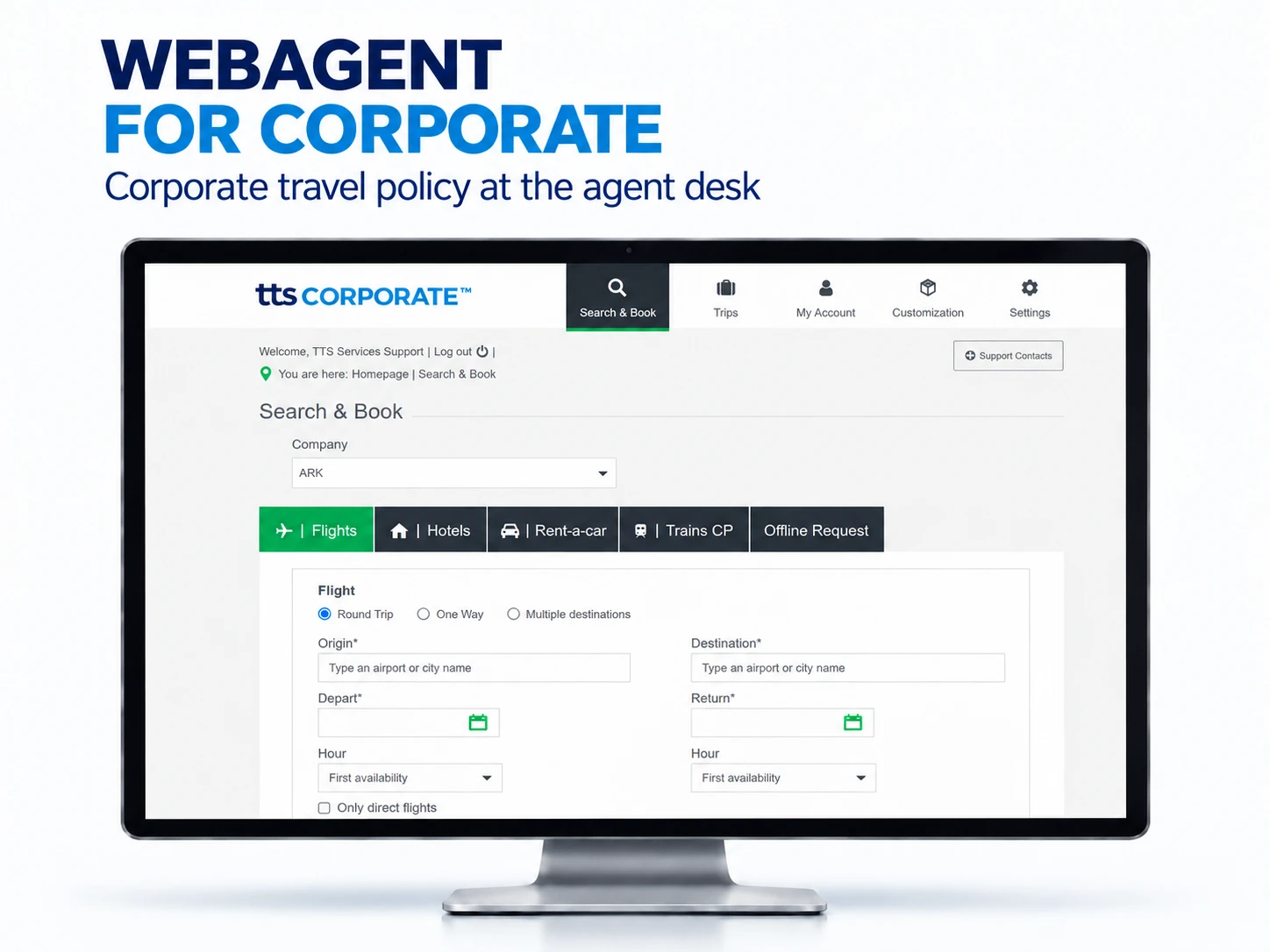 WebAgent for Corporate on a desktop monitor, showing the Search & Book screen with flights, hotels, rent-a-car and train tabs