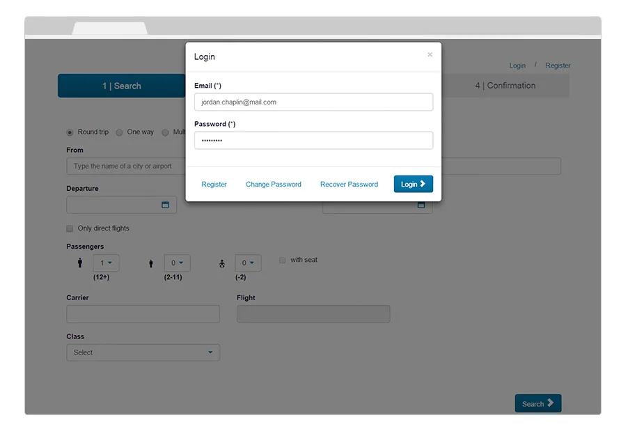 WeBook login modal over the flight search form
